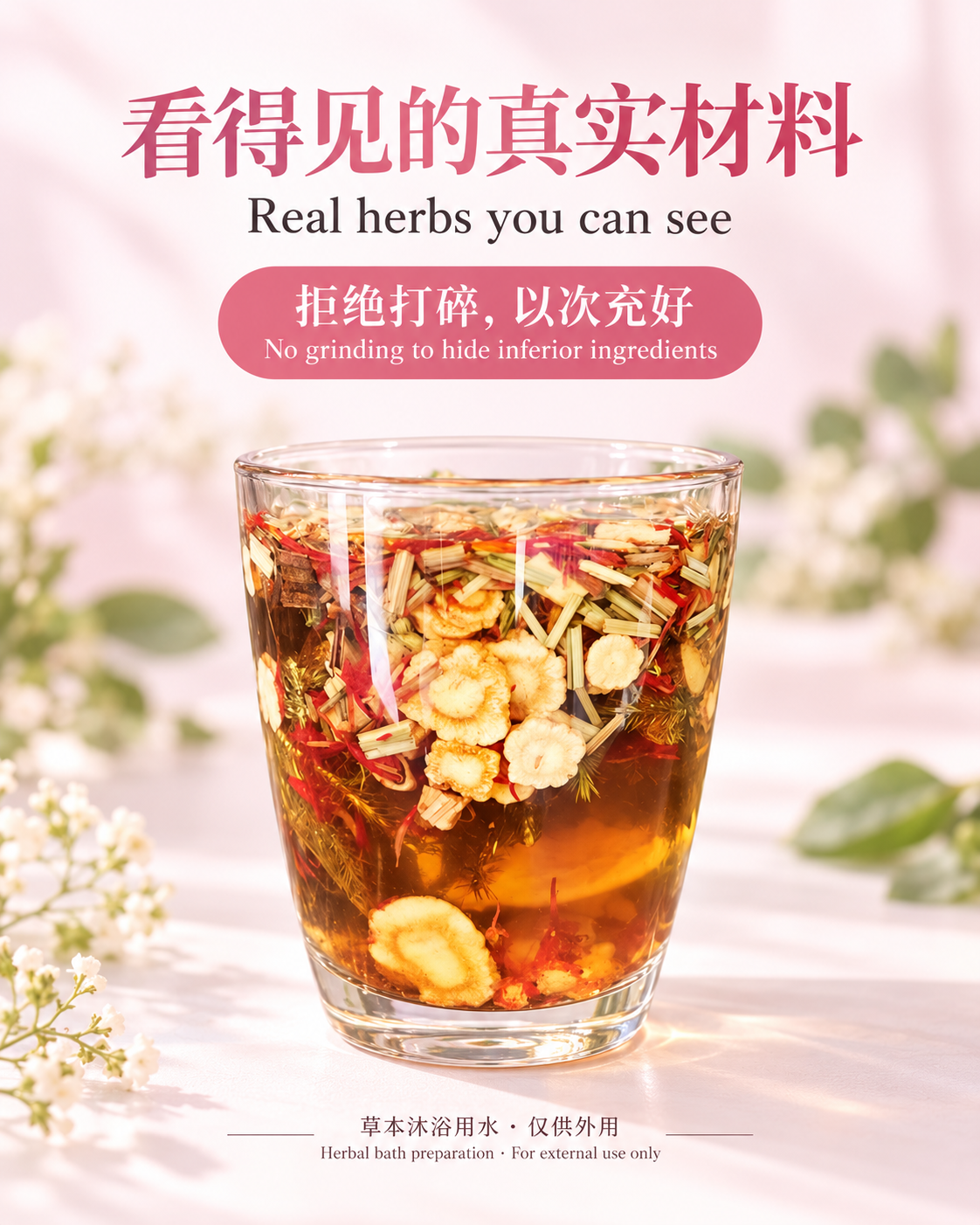 草本材料与沐浴用水展示,仅供外用 / Herbal bath preparation, for external use only