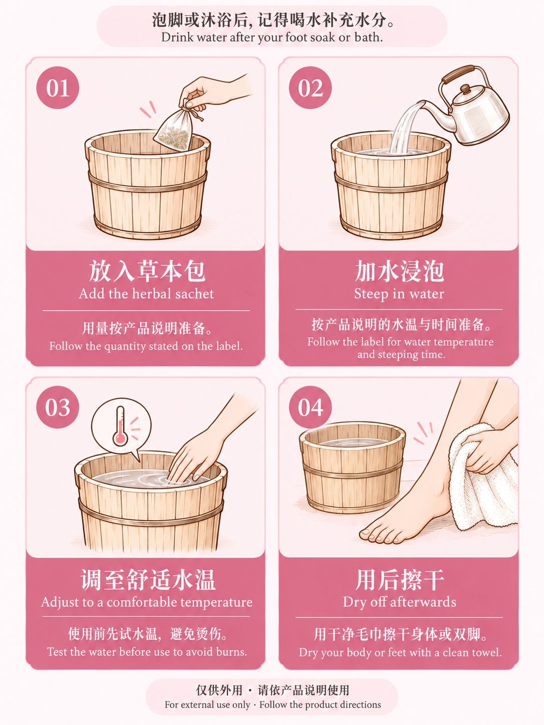 草本沐浴用水准备四步骤 / Four-step herbal bath preparation guide